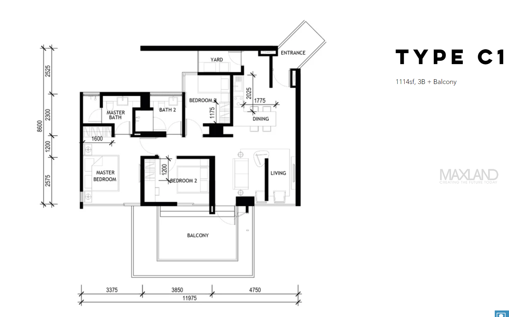 TypeC1 1114sf 3R Balcony